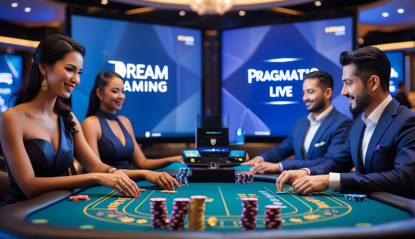 Suasana kasino langsung dengan dua dealer yang sedang bermain di meja terpisah, mewakili dua merek game live yang berbeda.