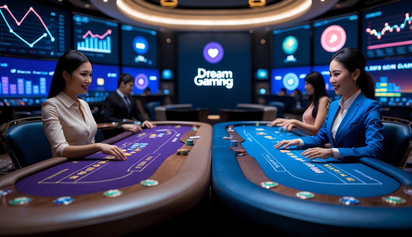 Dua meja kasino langsung dengan dealer yang berbeda, mewakili Dream Gaming dan Pragmatic Live, dalam suasana kasino modern dengan elemen digital yang menunjukkan perbandingan dan keuntungan.