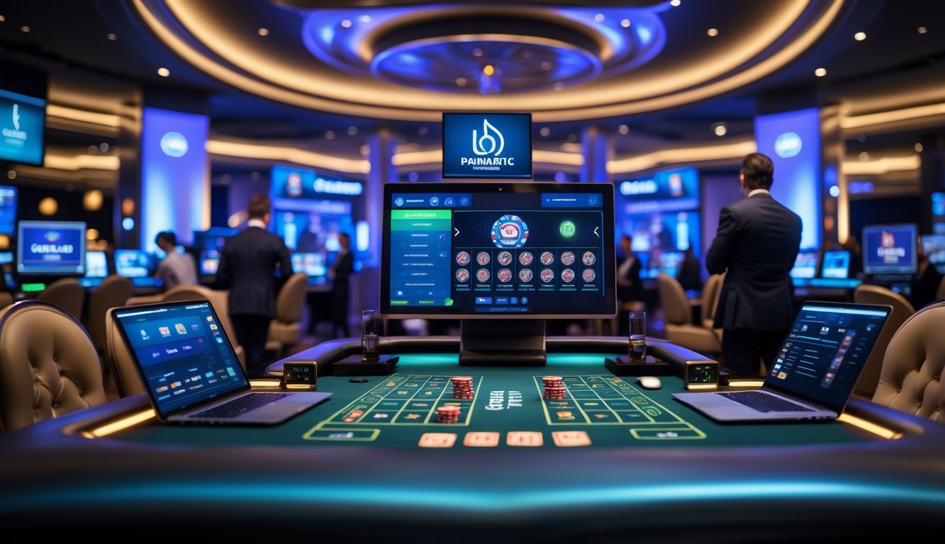 Suasana kasino langsung modern dengan pemain menggunakan perangkat digital untuk bermain game kasino secara online.