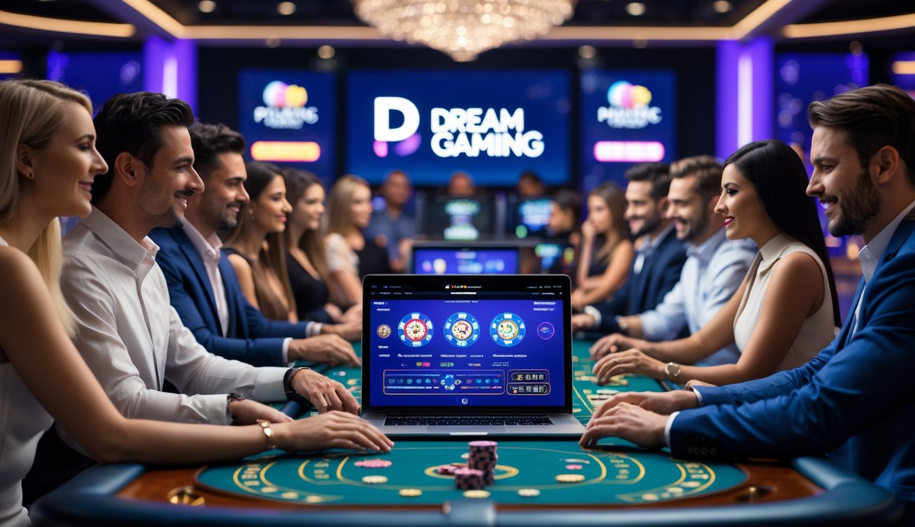 Orang-orang sedang bermain di kasino langsung dengan dealer dan perangkat digital di meja permainan.