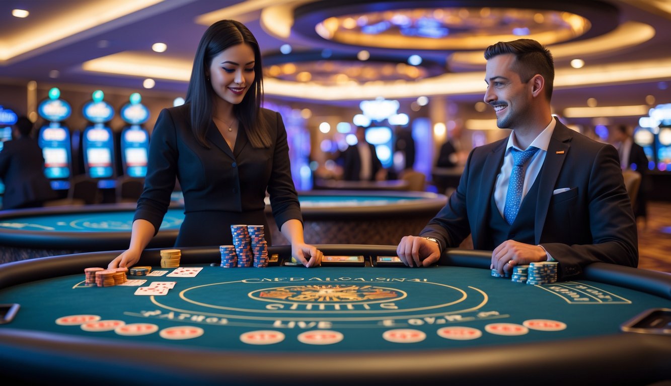 Seorang pemain pemula sedang belajar di meja permainan Dream Gaming dan Pragmatic Live dengan dealer yang ramah di kasino.