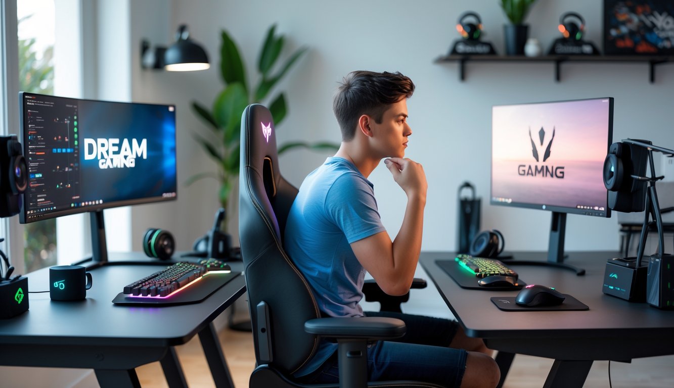 Seorang pemula sedang memilih antara dua meja gaming di ruang kerja yang terang dan rapi dengan peralatan komputer dan tanaman hias.