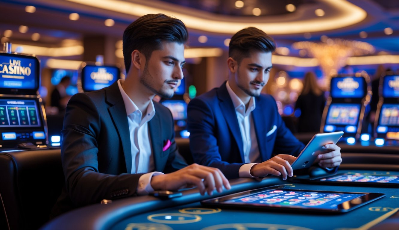 Seorang pria dan wanita sedang bermain permainan kasino langsung menggunakan perangkat digital di meja kasino yang modern dan mewah.