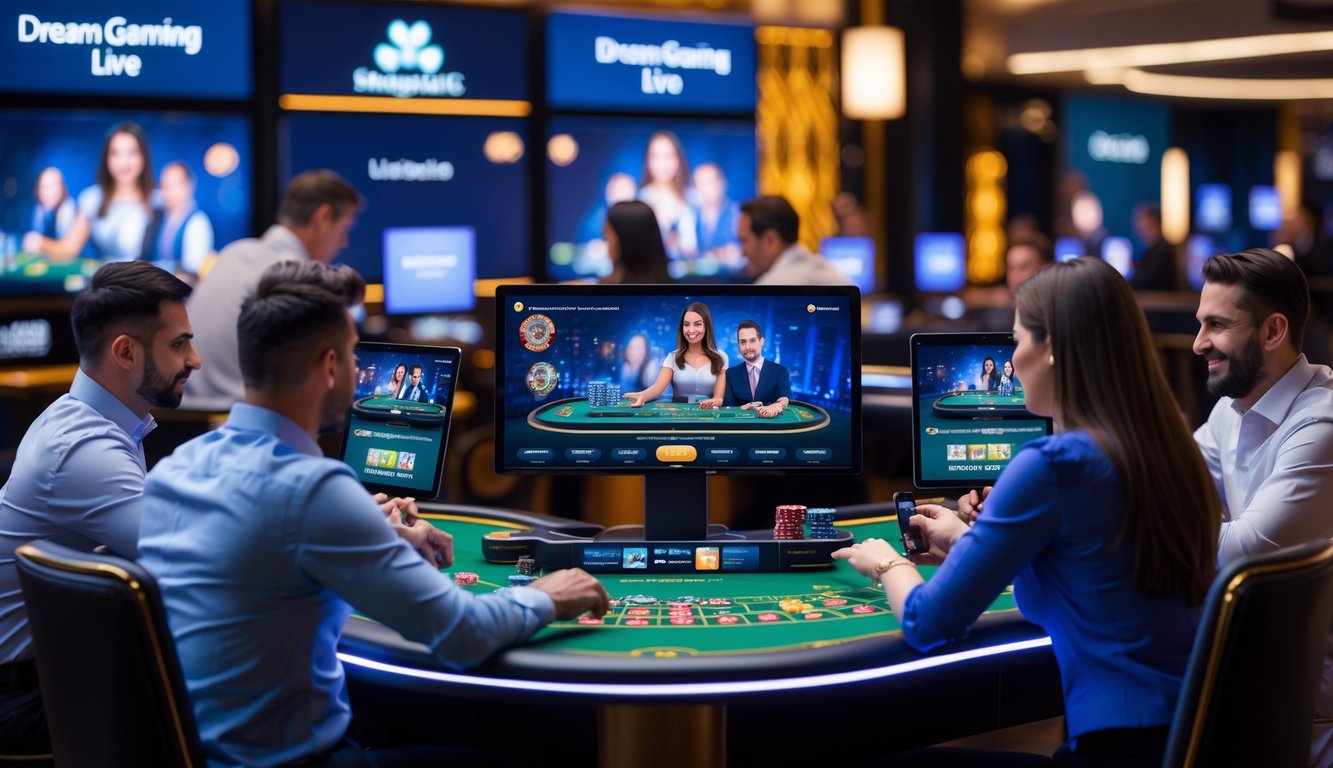 Orang-orang bermain di meja kasino langsung dengan dealer digital dan perangkat elektronik di lingkungan kasino modern.