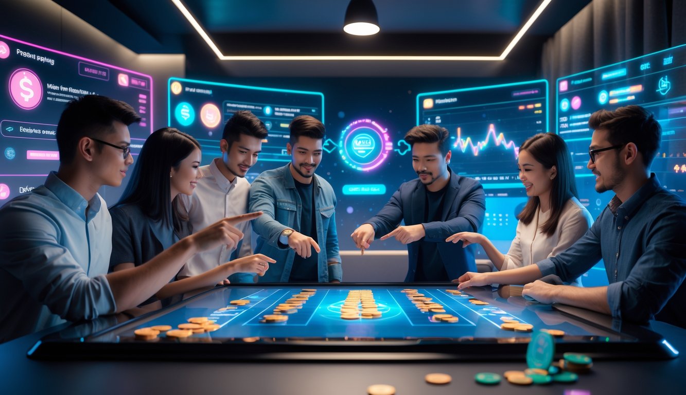 Sekelompok orang muda sedang berdiskusi di sekitar meja digital dengan tampilan antarmuka permainan Dream Gaming dan Pragmatic Live.