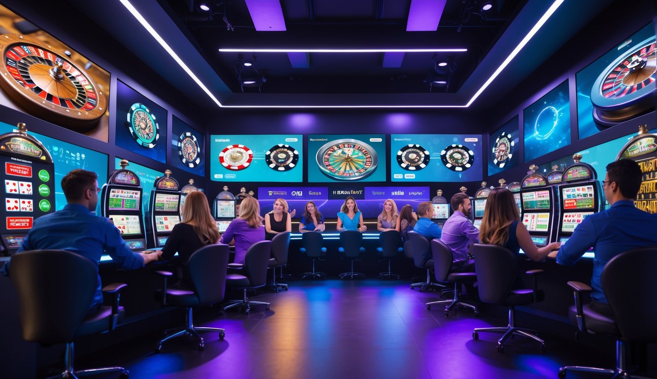 Studio permainan modern dengan pemain dan dealer profesional sedang melakukan siaran langsung permainan kasino.