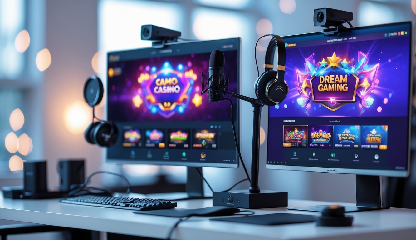 Dua monitor komputer menampilkan antarmuka permainan kasino online dengan peralatan streaming di meja dalam ruangan kantor modern.