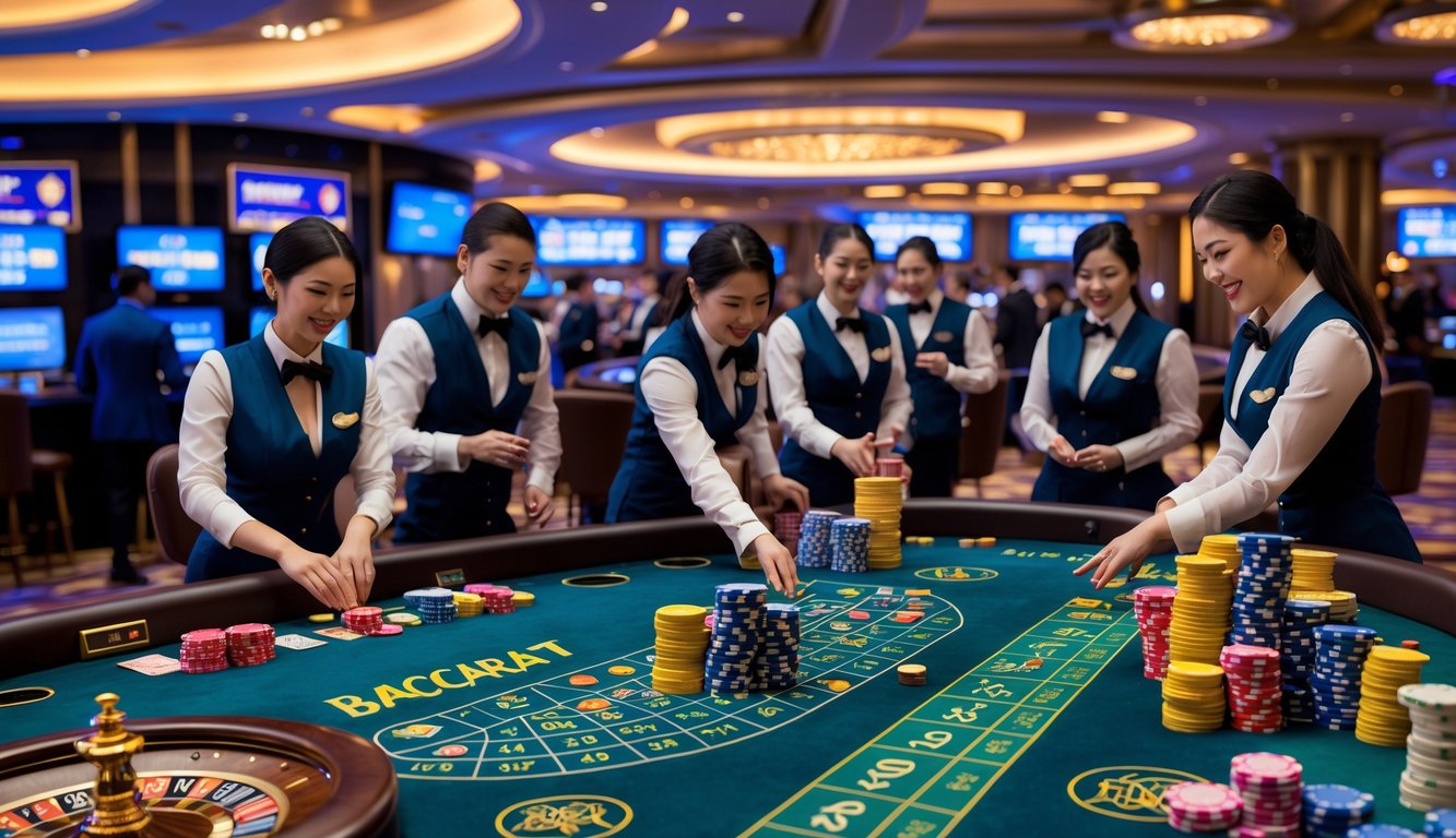 Suasana kasino langsung dengan meja Baccarat, Roulette, dan Dragon Tiger, dealer yang sedang membagikan kartu dan pemain yang mengamati permainan.