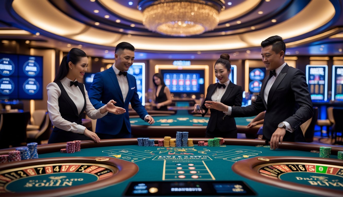 Suasana kasino langsung dengan meja permainan Baccarat, Roulette, dan Dragon Tiger, dealer berpakaian rapi melayani pemain di lingkungan mewah.