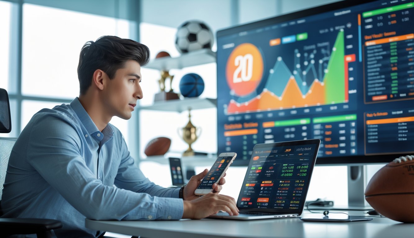 Seorang pria muda duduk di meja dengan beberapa perangkat digital yang menampilkan peluang taruhan olahraga dan grafik di latar belakang, terlihat fokus menganalisis data taruhan.