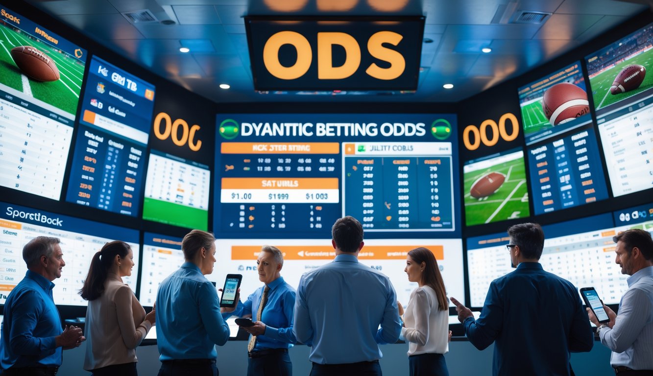 Orang-orang sedang melihat layar besar yang menampilkan berbagai pertandingan olahraga dan peluang taruhan di sebuah ruang sportsbook modern.