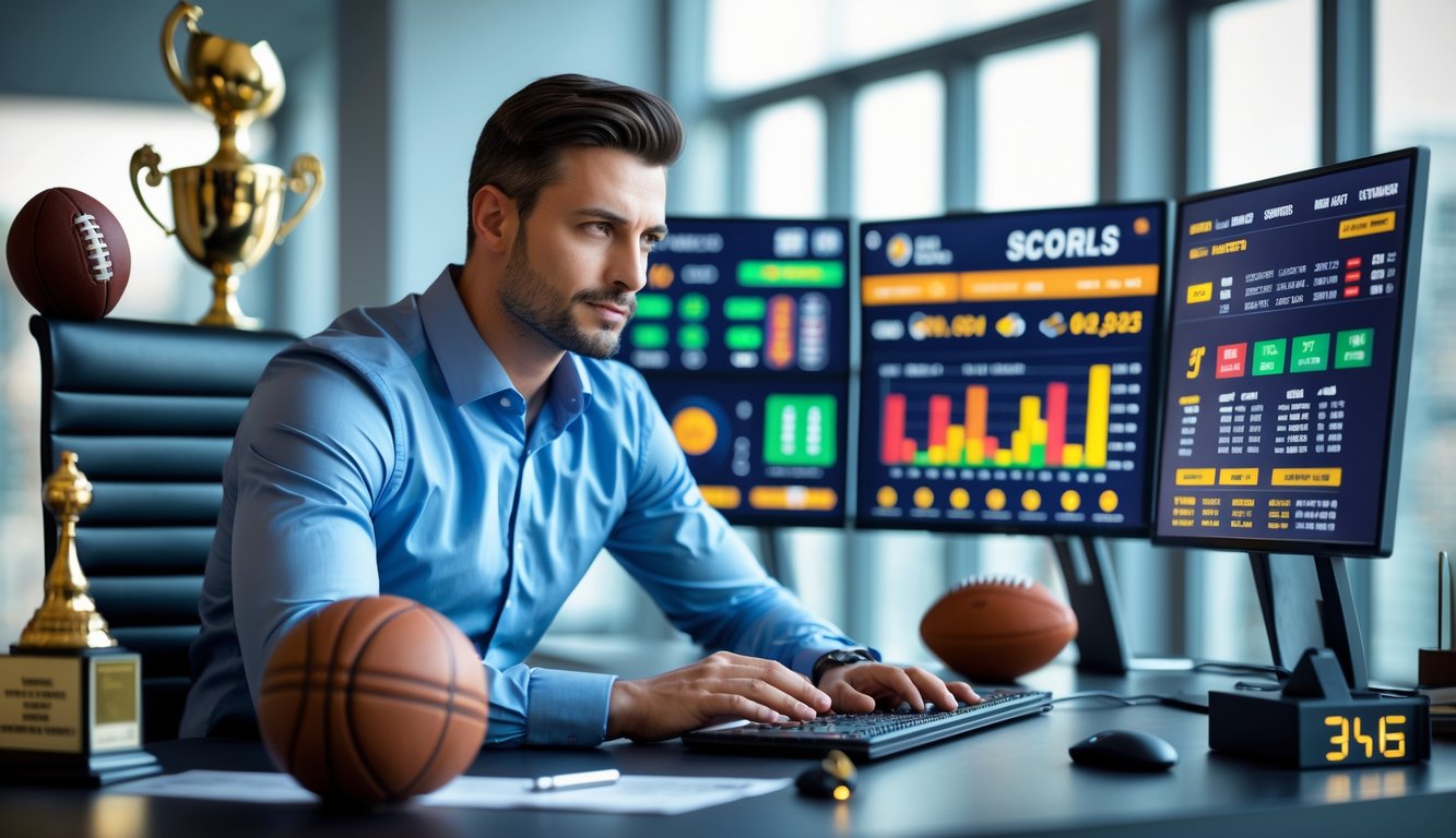 Seorang pria fokus duduk di depan beberapa layar komputer yang menampilkan data dan statistik taruhan olahraga dalam kantor modern.