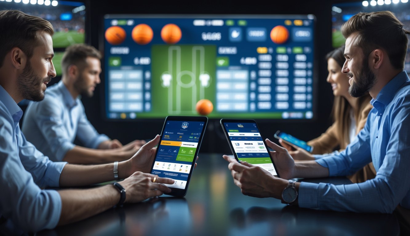 Orang-orang sedang menggunakan perangkat digital untuk taruhan sepak bola dan basket dengan layar besar menampilkan grafik olahraga di latar belakang.