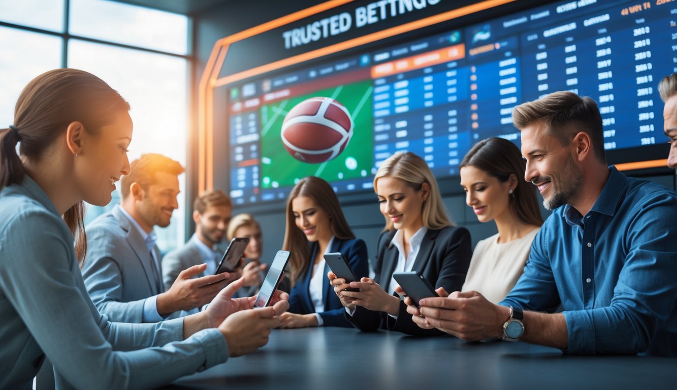 Orang-orang sedang memasang taruhan olahraga sepak bola dan basket menggunakan perangkat digital di lingkungan sportsbook yang modern dan terpercaya.