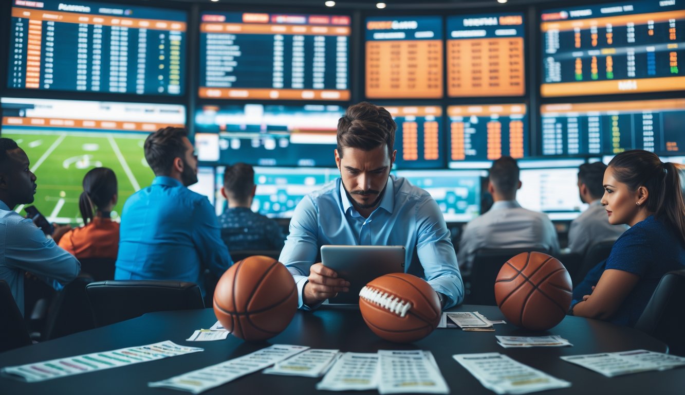 Orang-orang di ruang sportsbook modern yang sedang memperhatikan layar besar menampilkan pertandingan olahraga dan peluang taruhan.