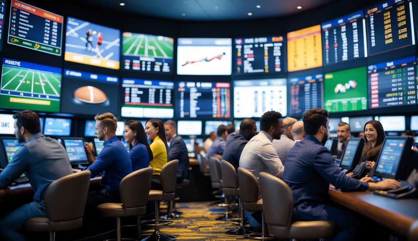 Orang-orang di sportsbook modern sedang melihat layar besar dengan acara olahraga dan peluang taruhan.