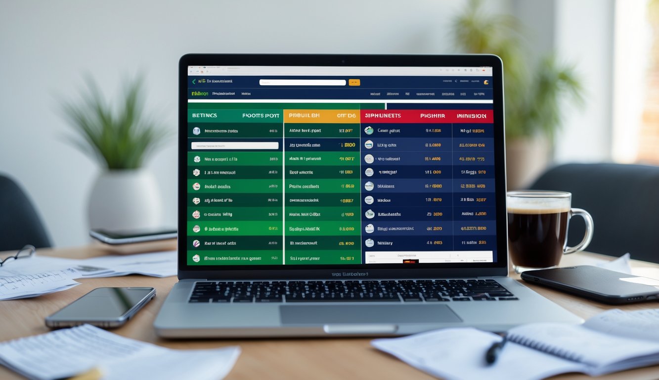 Seorang pengguna duduk di depan laptop yang menampilkan berbagai situs sportsbook dengan angka odds taruhan olahraga yang berbeda, di meja terdapat catatan, ponsel, dan secangkir kopi.