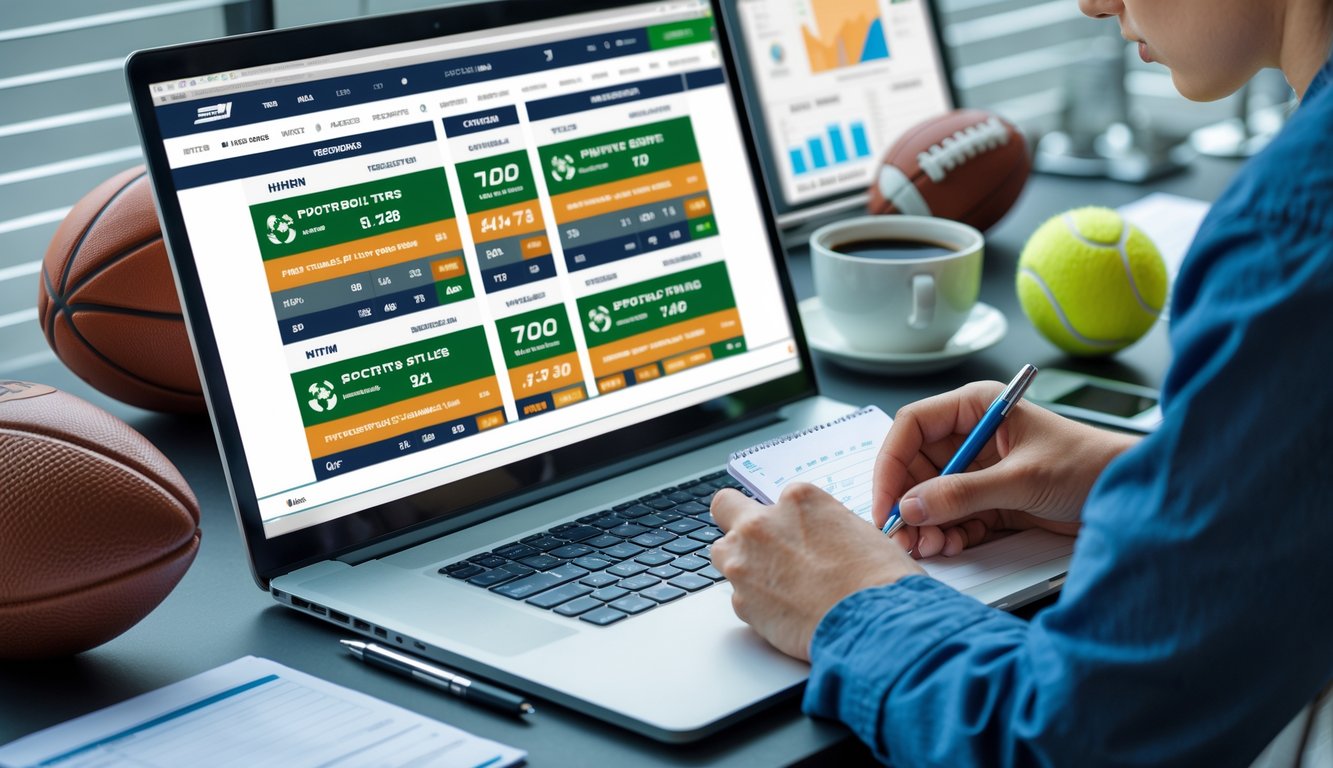 Seorang pemuda duduk di meja kerja dengan laptop yang menampilkan beberapa situs sportsbook, dikelilingi bola olahraga dan alat tulis, sedang menganalisis perbandingan odds taruhan olahraga.