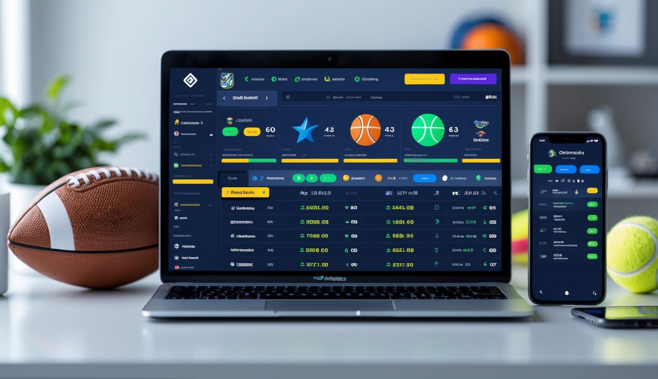 Antarmuka taruhan olahraga digital dengan perangkat laptop dan ponsel menampilkan peluang taruhan tinggi serta bola sepak, bola basket, dan bola tenis di atas meja.
