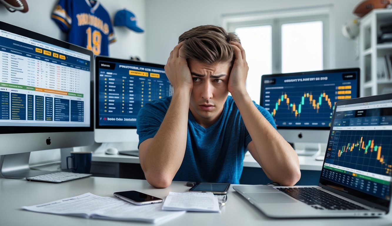 Seorang pria muda duduk di meja dengan beberapa layar yang menampilkan odds taruhan olahraga, terlihat bingung dan frustrasi.