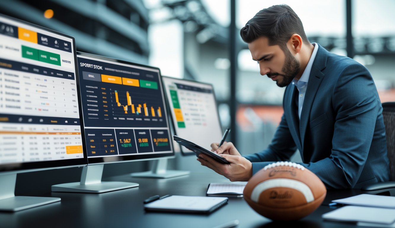 Seorang profesional sedang menganalisis data taruhan olahraga dengan beberapa layar komputer yang menampilkan statistik dan peluang taruhan olahraga.