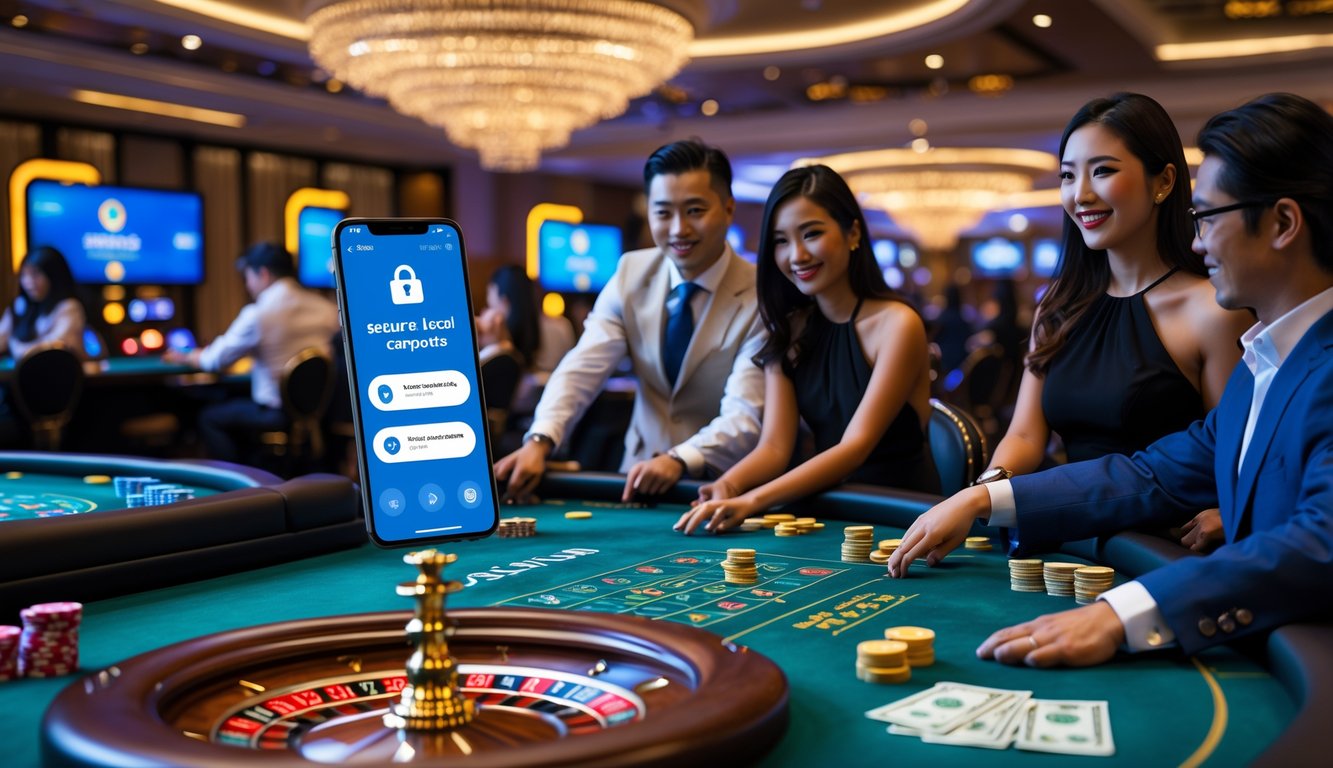 Suasana kasino langsung di Asia dengan pemain dan dealer yang sedang bermain di meja permainan, serta elemen digital yang menunjukkan transaksi bank lokal yang aman dan cepat.