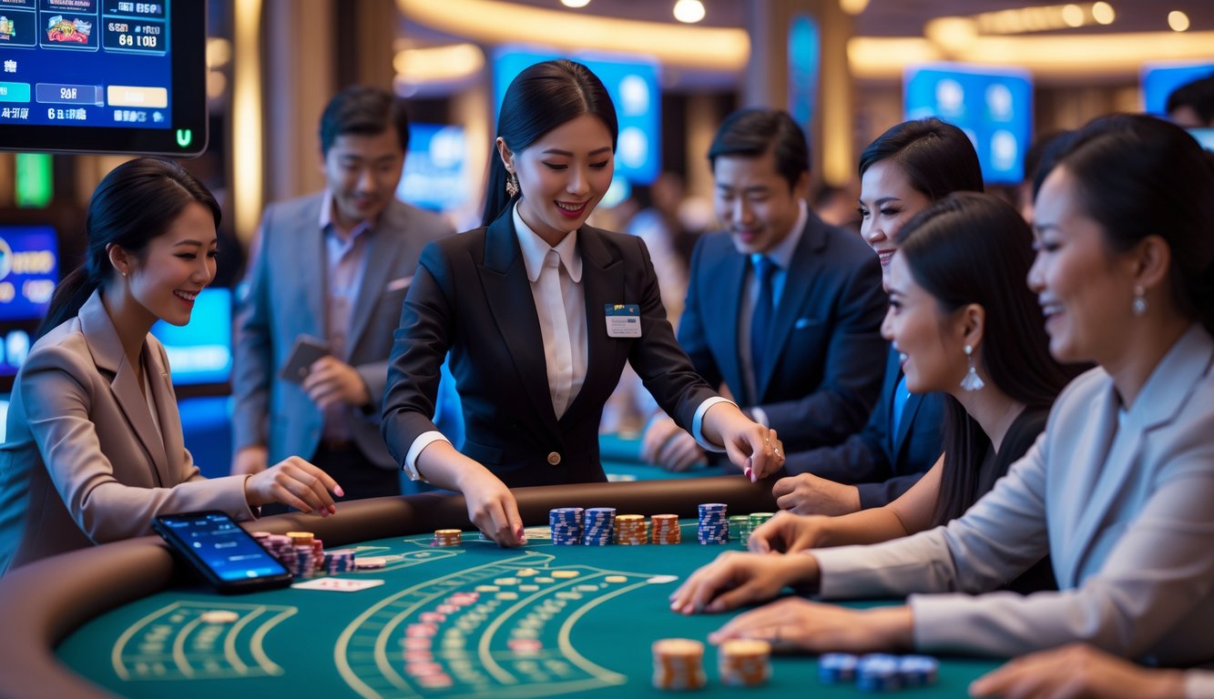 Seorang dealer wanita Asia dan pemain berkumpul di meja kasino dengan suasana profesional dan perangkat digital yang menunjukkan permainan kasino langsung.