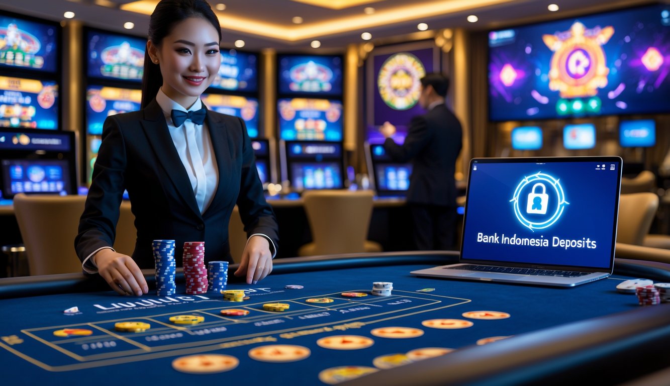 Seorang dealer kasino Asia yang rapi di meja kasino modern dengan kartu dan chip, layar digital di latar belakang menampilkan permainan kasino, serta ponsel dan laptop yang menunjukkan transaksi perbankan.