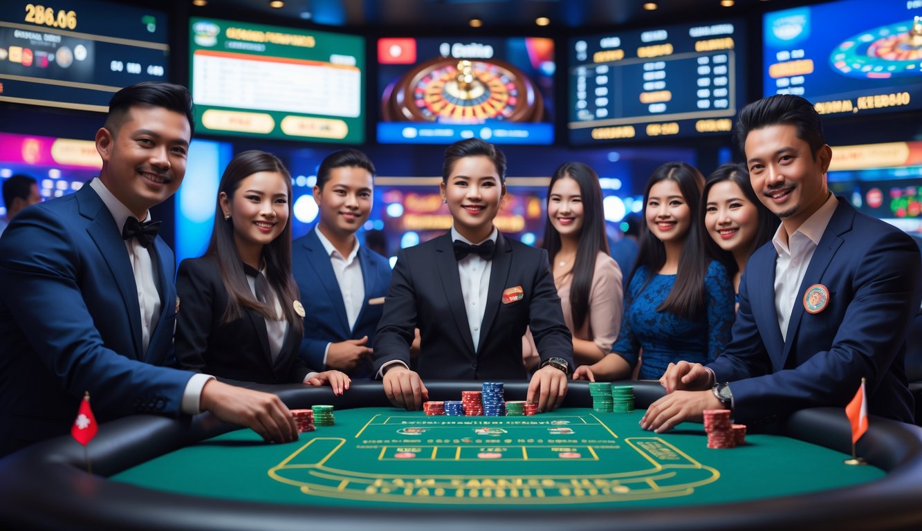 Suasana kasino langsung dengan pemain dan dealer di meja permainan, layar besar menampilkan permainan kasino, serta elemen kecil yang menunjukkan budaya Indonesia.