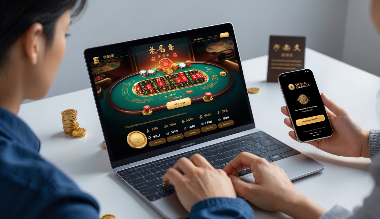 Seseorang menggunakan laptop dan ponsel untuk bermain live casino Asia dengan fitur deposit bank lokal yang aman.