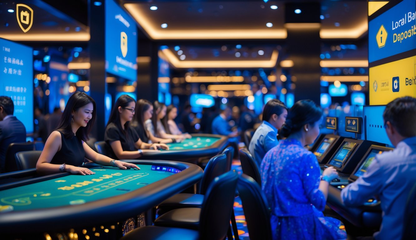 Suasana kasino langsung Asia yang aman dengan pemain yang menggunakan metode deposit bank lokal di perangkat digital.