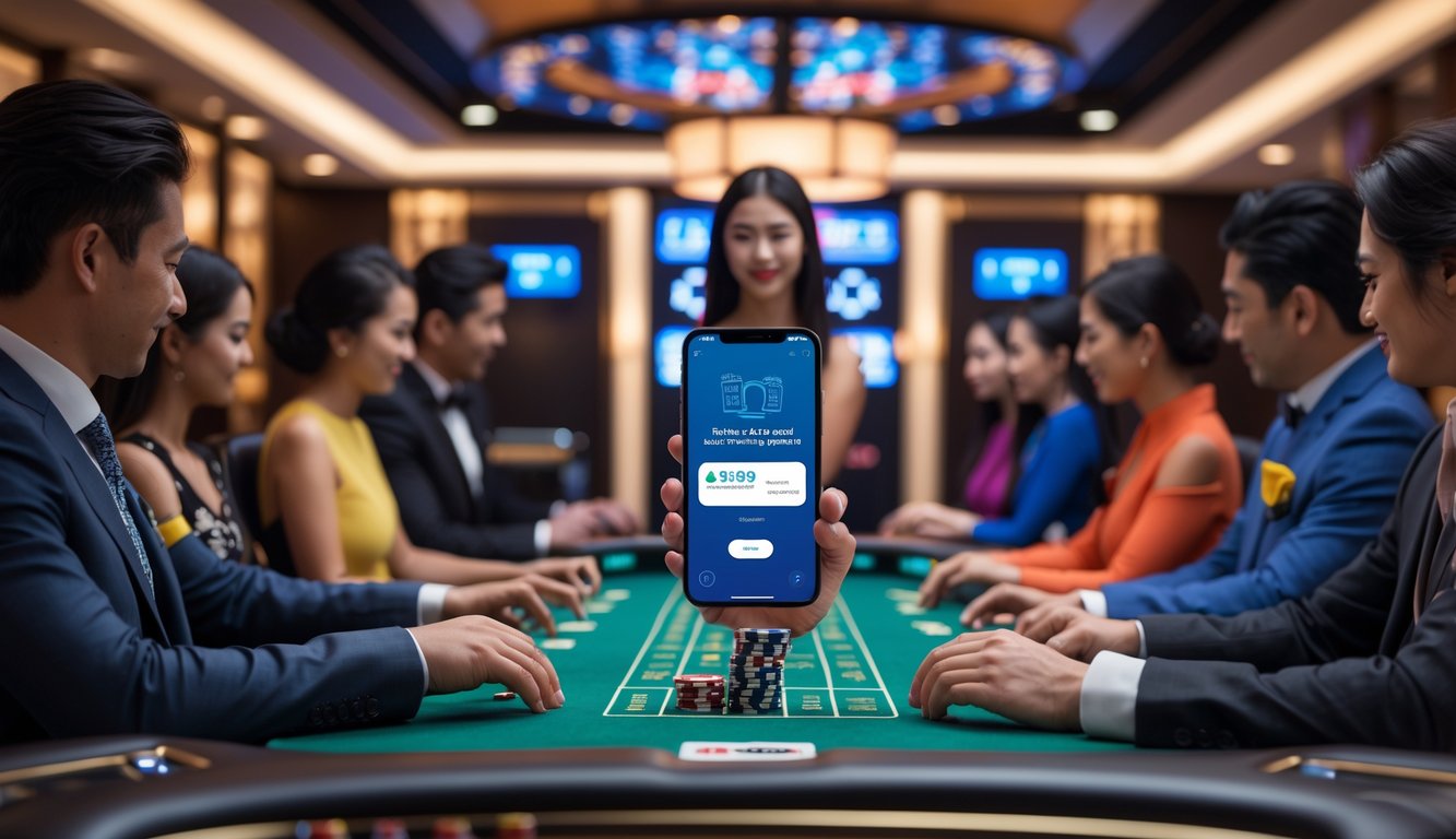 Seorang dealer wanita mengelola meja kasino langsung dengan pemain yang sedang bermain, di latar belakang dekorasi bergaya Asia dan layar digital, serta tangan yang memegang ponsel menampilkan konfirmasi transfer bank lokal.