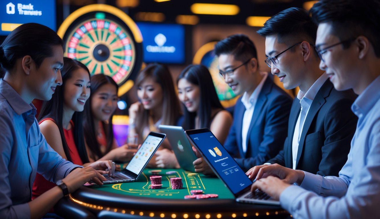 Beberapa orang bermain permainan kasino langsung menggunakan perangkat digital dengan latar belakang elemen kasino dan simbol transfer bank lokal.