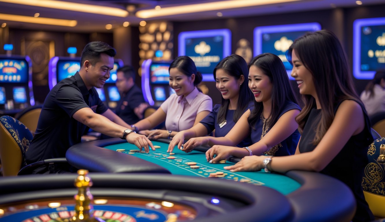 Sejumlah pemain sedang bermain di kasino langsung dengan peralatan modern dan latar belakang yang menunjukkan unsur budaya Indonesia.