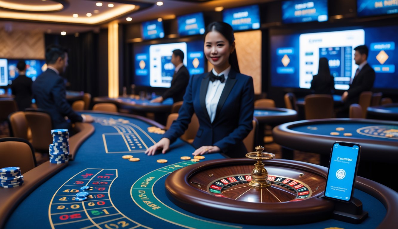 Suasana kasino langsung modern dengan meja permainan, dealer Asia, layar besar, dan simbol transaksi perbankan Indonesia.