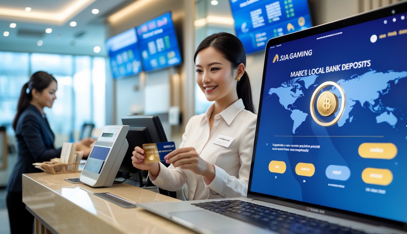 Seorang nasabah sedang melakukan deposit di bank lokal dengan bantuan teller, di dekatnya terlihat layar perangkat yang menampilkan platform kasino online Asia Gaming.