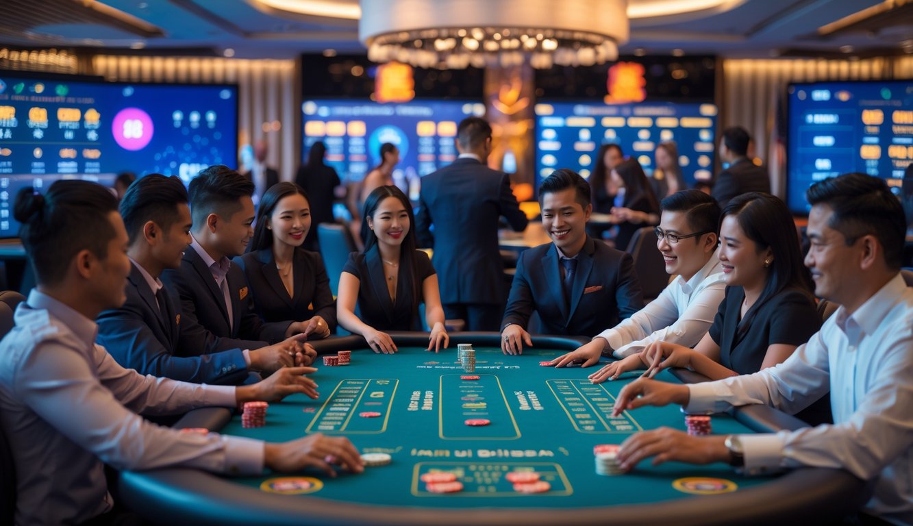 Sejumlah pemain Indonesia sedang bermain di meja kasino langsung dengan dealer di lingkungan kasino yang modern dan ramai.