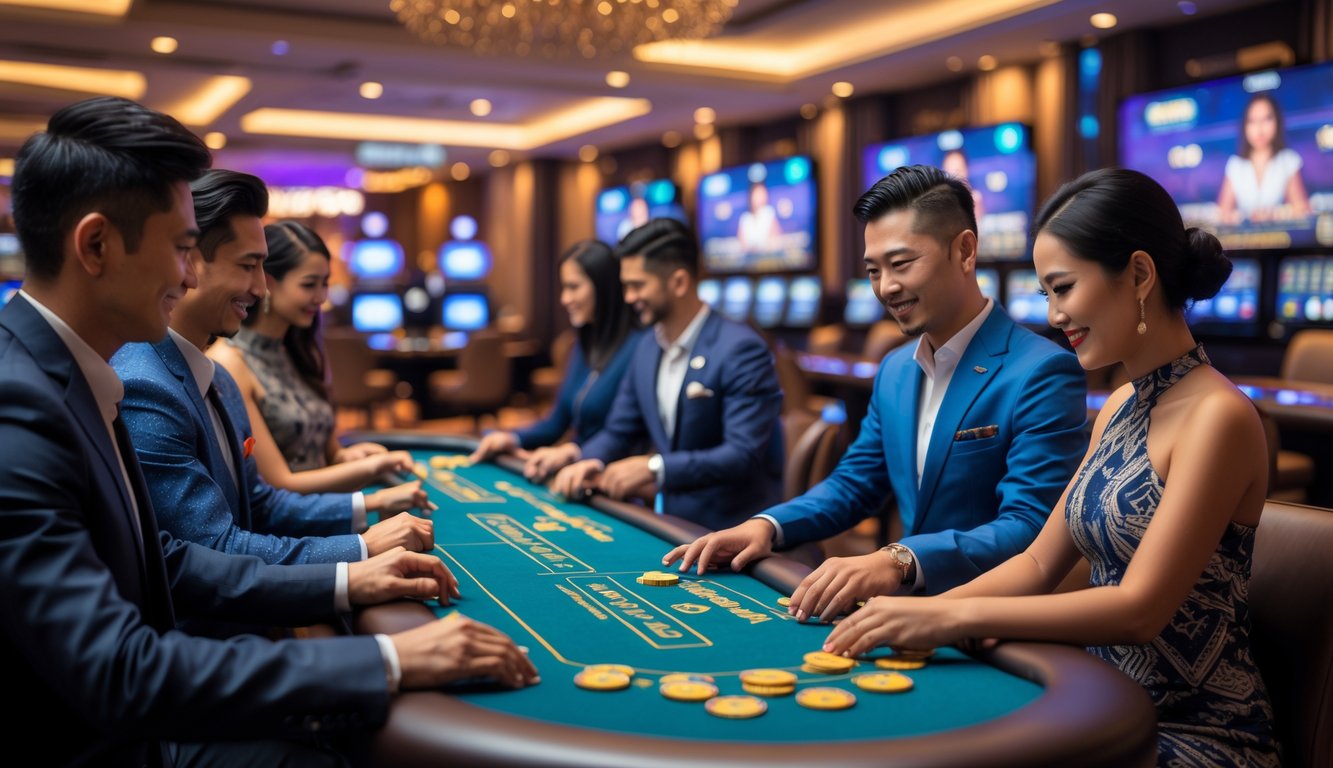 Sejumlah orang Asia yang berpakaian rapi sedang bermain di meja kasino langsung dengan suasana yang hangat dan dekorasi tradisional Indonesia.