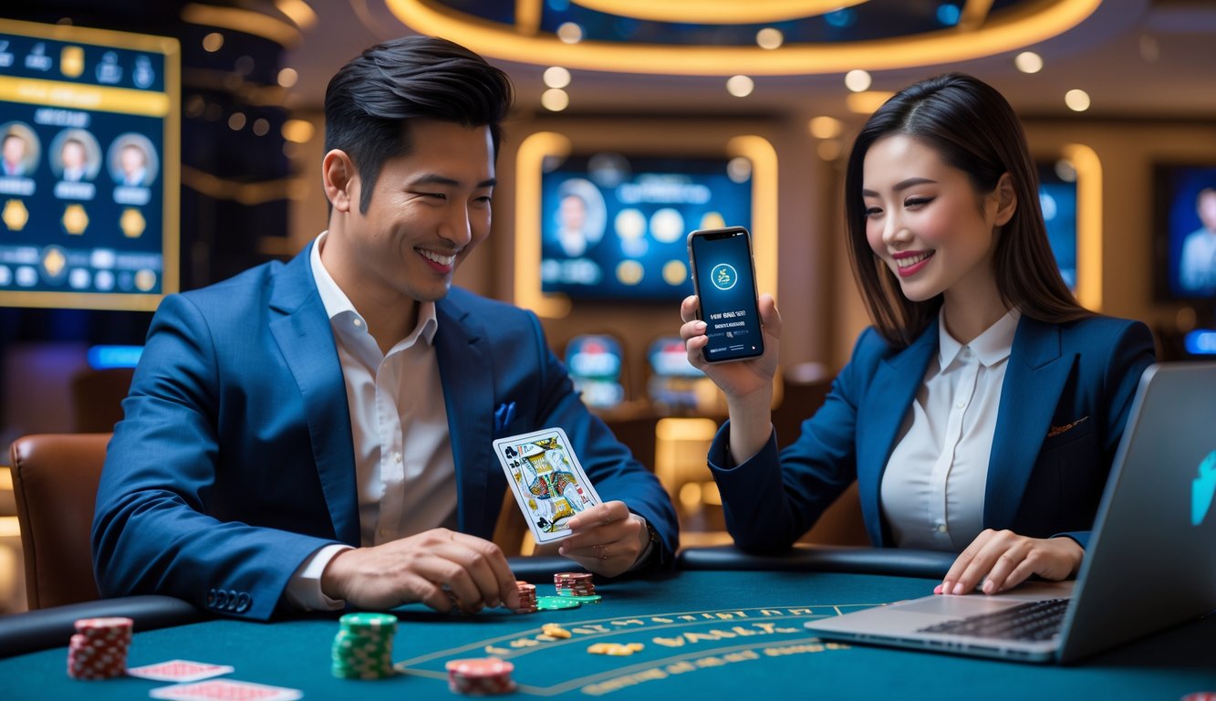 Seorang pria dan wanita Asia duduk di meja kasino dengan perangkat digital, melakukan transaksi deposit bank yang aman sambil bermain permainan kasino langsung.