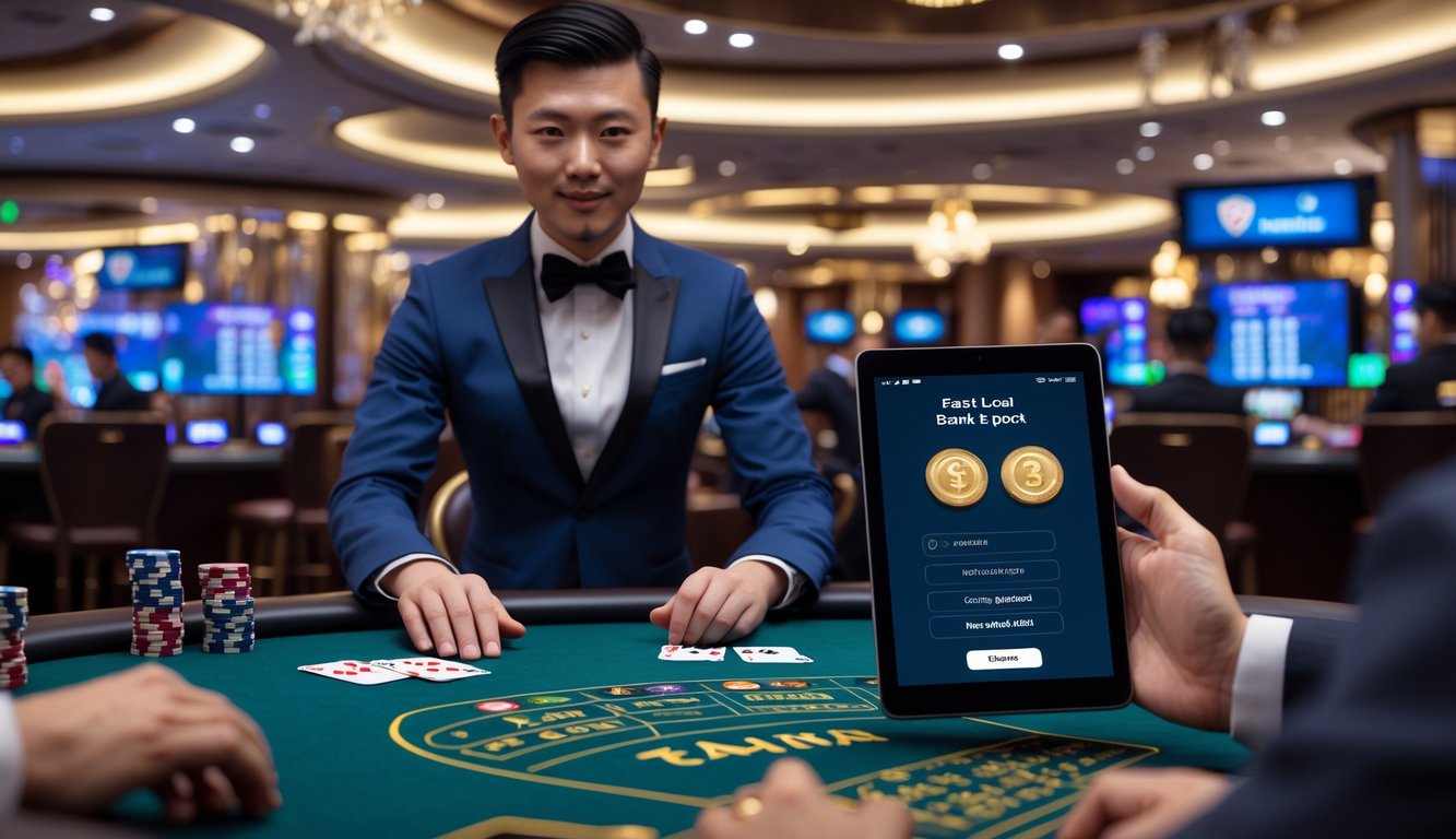 Seorang dealer kasino Asia yang rapi di meja permainan dengan pemain yang sedang bermain, latar belakang dekorasi kasino mewah dan seseorang menggunakan ponsel untuk transaksi bank lokal dengan cepat.