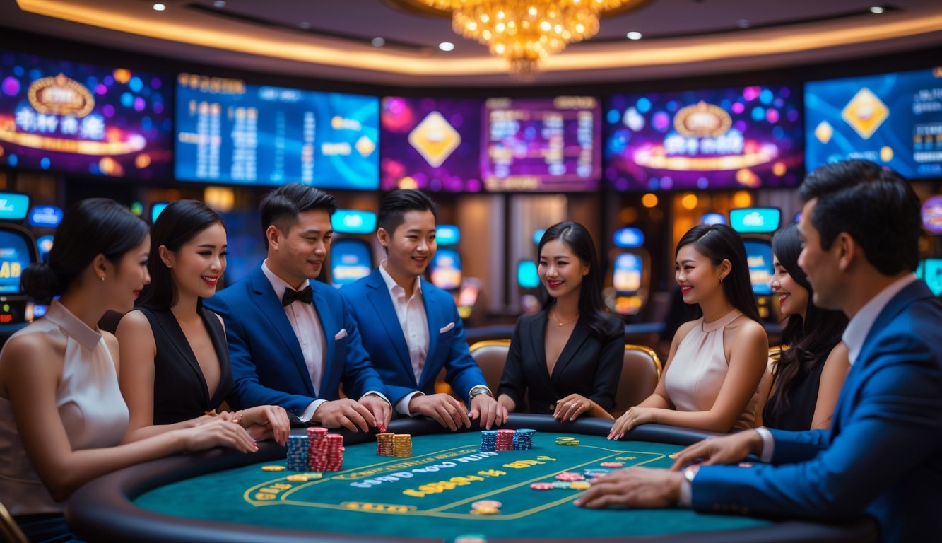 Sekelompok orang bermain permainan kasino langsung di meja permainan dengan layar besar di latar belakang menampilkan grafik kasino.