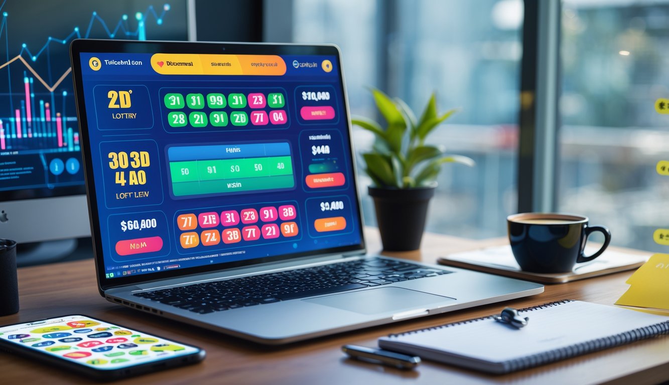 Sebuah meja kerja modern dengan laptop yang menampilkan antarmuka permainan togel online, smartphone, cangkir kopi, dan buku catatan di sekitarnya.