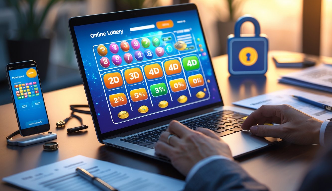 Meja kerja dengan laptop yang menampilkan antarmuka situs togel online, ponsel dengan ikon keamanan, dan dokumen rapi di sekitarnya.