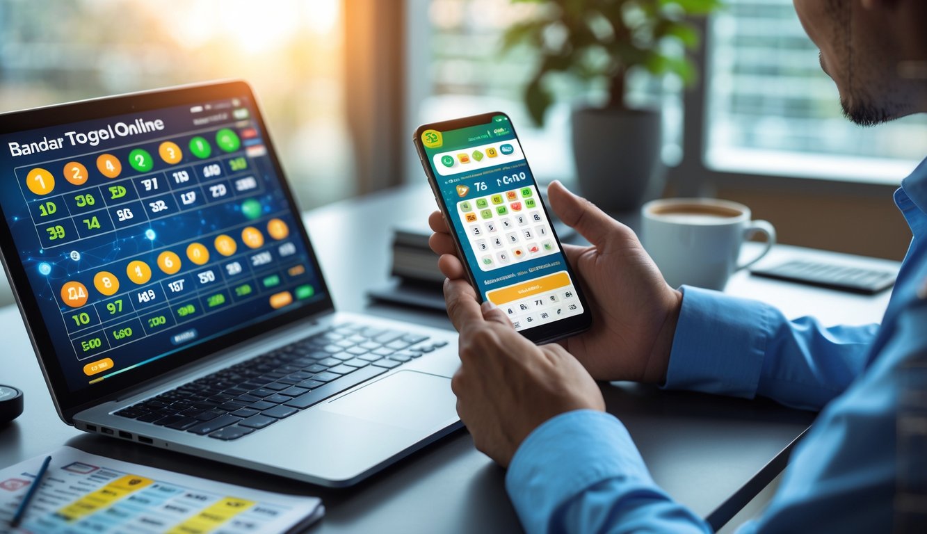 Seseorang sedang menggunakan laptop dan ponsel untuk menganalisis data togel online di meja kerja dengan alat tulis dan kopi.
