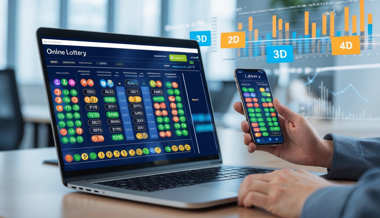 Seseorang menggunakan laptop dan ponsel di meja kerja dengan tampilan angka togel dan grafik di layar.