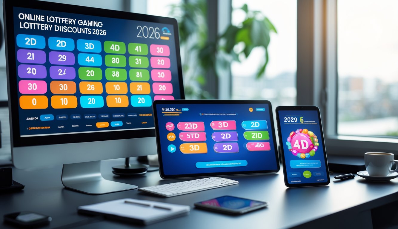 Meja kerja modern dengan komputer, ponsel, dan tablet yang menampilkan grafik terkait permainan togel online dan diskon untuk tahun 2026.