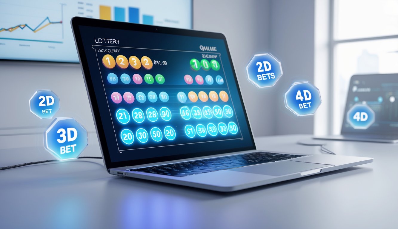 Sebuah komputer modern menampilkan angka lotere berwarna dengan ikon tiket lotere 2D, 3D, dan 4D mengambang di sekitarnya dalam ruang kerja yang rapi.