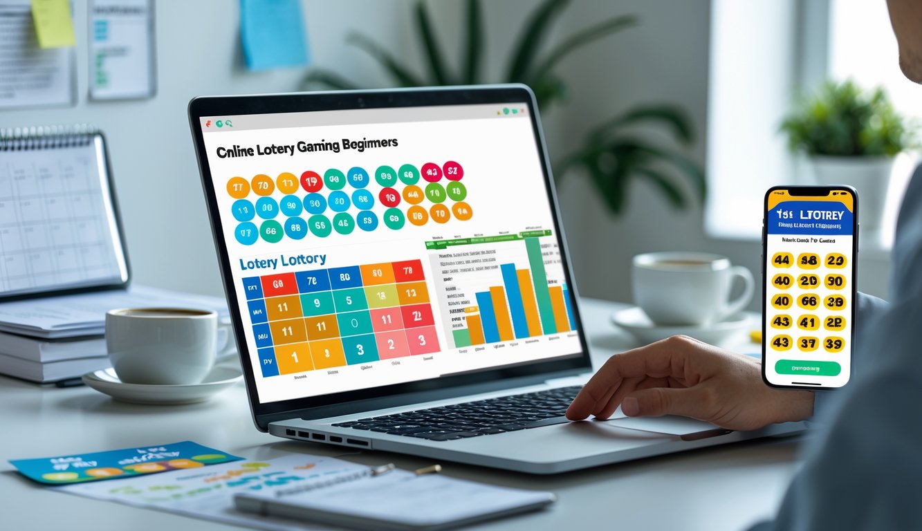 Seorang pemuda duduk di meja kerja dengan laptop dan smartphone yang menampilkan angka togel, dikelilingi catatan dan peralatan kerja.