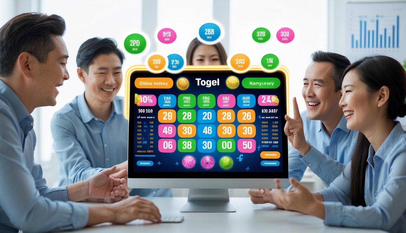 Beberapa orang dewasa yang tersenyum sedang menggunakan komputer dengan tampilan antarmuka lotere online yang penuh warna di ruangan terang.