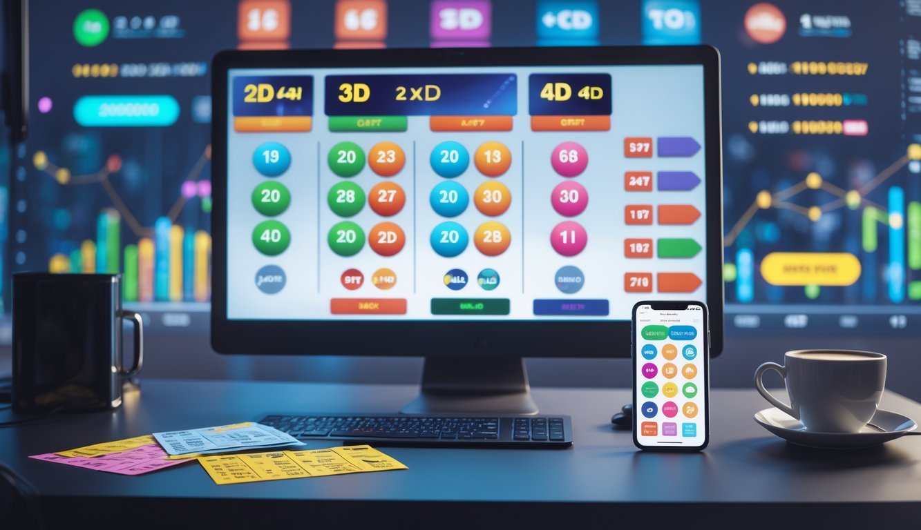 Meja kerja dengan komputer menampilkan angka togel dan grafik, tiket togel, dan ponsel dengan aplikasi taruhan.